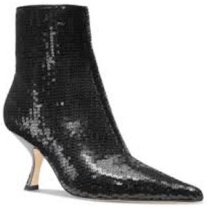 Michael Kors Black Sequin Ankle Booties Pointed Toe Kitten Heel NIB Box Size 9